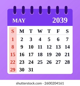 May 2039 Calendar Design. Perfect for spring and early summer planning. Simple monthly layout. Vector format