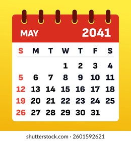 May 2041 Calendar Template. Vector illustration of a bright May planner. May 2041 Monthly Planner. Spring vibes. Flat design