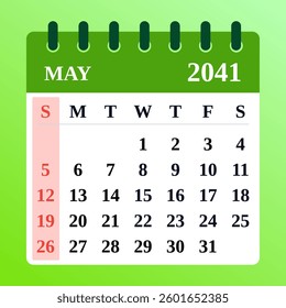 May 2041 Calendar Template. Vector illustration of a bright May planner. May 2041 Monthly Planner. Spring vibes. Flat design