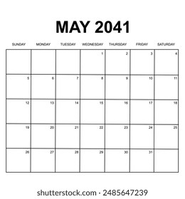 may 2041. monthly calendar design. week starts on sunday.  printable, simple, clean vector design isolated on white background.