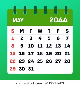 May 2044 calendar flat design. Simple vector template, clear layout for planning