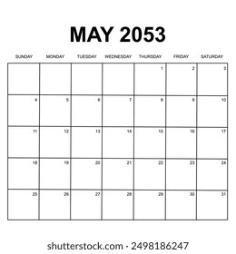 may 2053. monthly calendar design. week starts on sunday. printable, simple, and clean vector design isolated on white background.