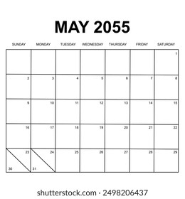 may 2055. monthly calendar design. week starts on sunday. printable, simple, and clean vector design isolated on white background.