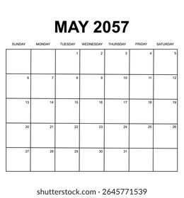 mai. 2057. design de calendário mensal. a semana começa no domingo. design vetorial impresso, editável, simples e limpo isolado no fundo branco.