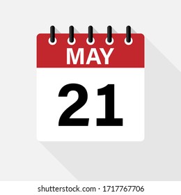 Mayo - 21 Icono del calendario. Icono de calendario con sombra. Estilo plano. Fecha, día y mes.