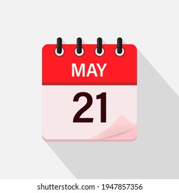 May 21, Calendar icon with shadow. Day, month. Flat vector illustration.