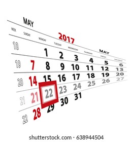 May 22, highlighted on 2017 calendar. Vector Illustration.