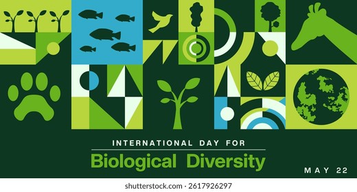 May 22th is International Day For Biological Diversity. Geometric style, giraffe, animal icon, fish, plant and more. Great for posters, banners, social media and more. Dark green background.