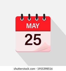 25 de mayo, icono del calendario con sombra. Día, mes. Ilustración vectorial plana.