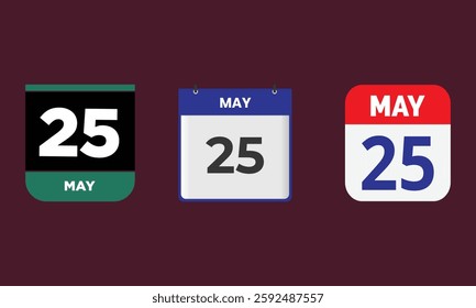 May 25 - Daily Calendar Icon set.Flat style. Date, day and month.