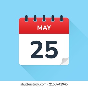 May 25, vector flat design of daily calendar icon. Date and day of the year.