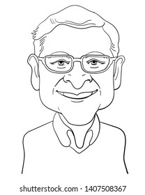 May 26, 2019. Caricature Illustration. Character Drawing Of Bill Gates, Board Of Microsoft Corporation And Member Of Berkshire Hathaway  In USA. He Is The One Of Richest Businessmen In The World.