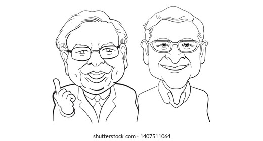 May 26, 2019. Caricature Illustration. Character Of Warren Buffett From Berkshire Hathaway And Bill Gates, Board Of Microsoft Corporation In USA.  Richest Businessmen In The World Ranking.