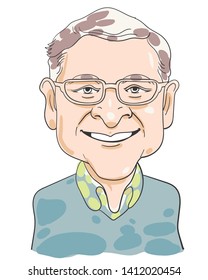 May 26, 2019. Caricature Illustration. Character Drawing Of Bill Gates, Board Of Microsoft Corporation And Member Of Berkshire Hathaway  In USA. 