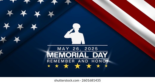 May 26, 2025 is Memorial Day. American flag, human,  star and light. Great for posters, banners, social media and more. Dark blue background.