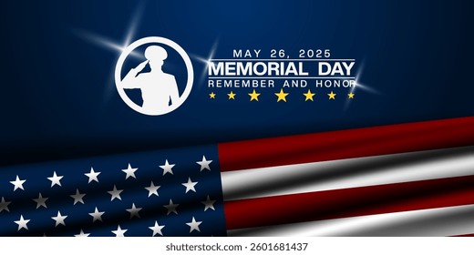 May 26, 2025 is Memorial Day. American flag and human. Great for posters, banners, social media and more. Dark blue background.