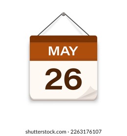 26 de mayo, icono del calendario con sombra. Día, mes. Hora de cita de la reunión. Fecha de programación del evento. Ilustración vectorial plana. 
