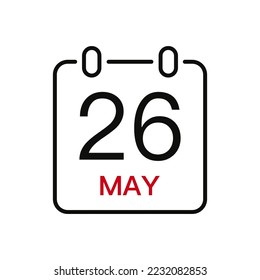 May 26 date on the calendar, vector line stroke icon for user interface. Calendar with date, vector illustration.