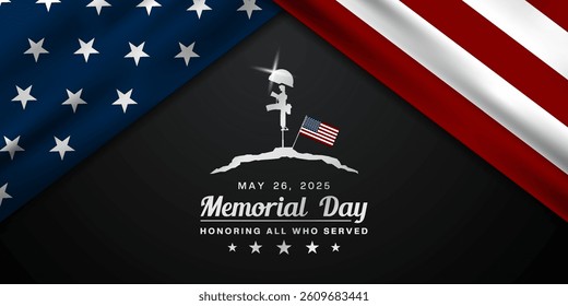 May 26th Is Memorial Day. American flag, gun and helmet. Great for posters, banners, social media and more. Black background.