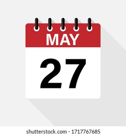 May - 27 Calendar Icon. Calendar Icon with shadow. Flat style. Date, day and month.