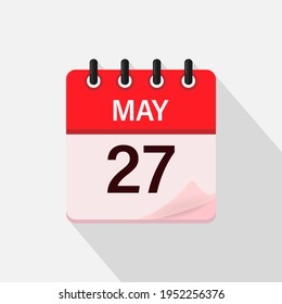 27 de mayo, icono del calendario con sombra. Día, mes. Ilustración vectorial plana.