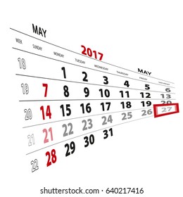 May 27, highlighted on 2017 calendar. Vector Illustration.