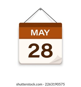 May 28, Calendar icon with shadow. Day, month. Meeting appointment time. Event schedule date. Flat vector illustration. 