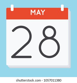 May 28. Calendar icon. Vector illustration in flat design isolated in blue background. Date and time, day, month.