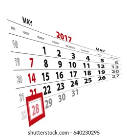 May 28, highlighted on 2017 calendar. Vector Illustration.
