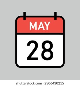 May 28, red and white color calendar page with black outline, calendar date vector illustration