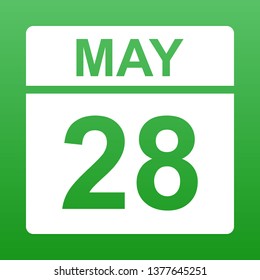 May 28. White calendar on a colored background. Day on the calendar. Green background with gradient. Simple vector illustration.