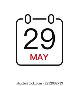 May 29 date on the calendar, vector line stroke icon for user interface. Calendar with date, vector illustration.