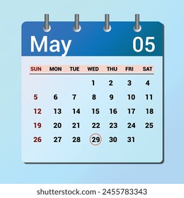 May 29. Flat icon calendar isolated on blue background. Date and month vector illustration