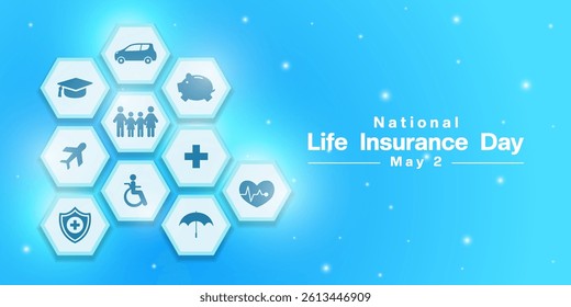 May 2th is National Life Insurance Day. Family, umbrella, heartbeat and more. Great for posters, banners, social media and more. Blue background.
