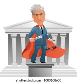 May 3, 2018. Caricature Of American Attorney And Appointed Special Counsel Robert Mueller As A Superhero.