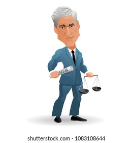 May 3, 2018. Caricature Of American Attorney And Appointed Special Counsel Robert Mueller. Vector Illustration.