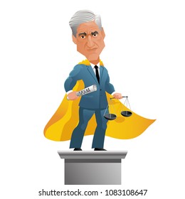 May 3, 2018. Caricature Of American Attorney And Appointed Special Counsel Robert Mueller As A Superhero.