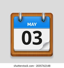 May 3 blue daily realistic calendar with wooden frame icon date vector image