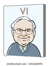 May 30, 2019. Caricature Illustration. Character drawing of Warren Buffett, The Investor in USA. He is an one of the richest businessmen in the world. "VI" means his philosophy "Value investing".