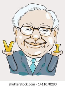 May 30, 2019. Caricature Illustration. Character drawing of Warren Buffett, The Investor in USA. He is an one of the richest businessmen in the world. His philosophy "Value investing".