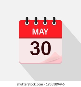 May 30, Calendar icon with shadow. Day, month. Flat vector illustration.