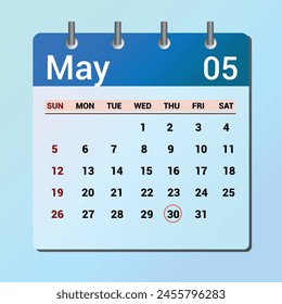 May 30. Flat icon calendar isolated on blue background. Date and month vector illustration