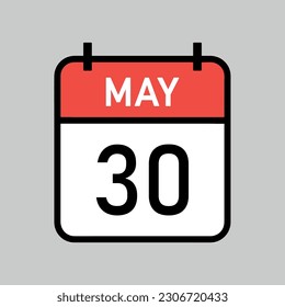 May 30, red and white color calendar page with black outline, calendar date vector illustration