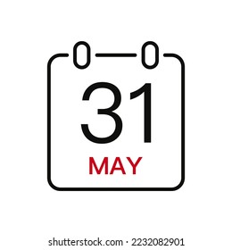 May 31 date on the calendar, vector line stroke icon for user interface. Calendar with date, vector illustration.