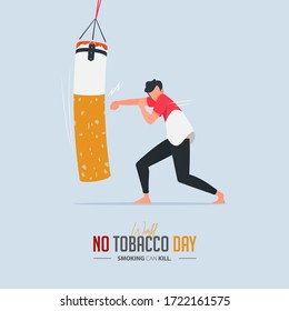 May 31st World No Tobacco Day poster design. A man punching a boxing sandbag defines to a man is fighting to quit smoking. Stop smoking poster for awareness campaign. No smoking banner. Cartoon Vector