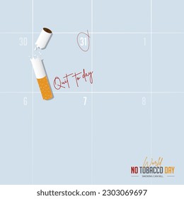 Cartel del 31 de mayo Día Mundial sin Tabaco. Afiche de concienciación sobre el Día del No Fumador. Cigarrillo en el calendario. Deja de fumar o deja de fumar afiche en concepto peligroso. Ilustración vectorial.