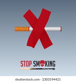 May 31st World No Tobacco Day concept design. No Smoking Day poster. Quit smoking for awareness banner. Cigarette was duct-taped on the wall defines to stop smoking.  Vector Illustration.