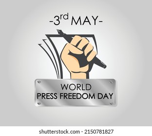 May 3rd. happy Press Freedom Day. Press day poster with hand holding pen and paper vector template.