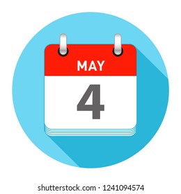 May 4 Date on a Single Day Calendar in Flat Style with long flat shadow on a blue background