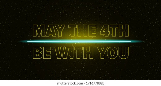 May the 4th be with you holiday greetings vector illustration with text on night space background with glowing stars.  May the fourth be with you lettering. star wars day poster design template